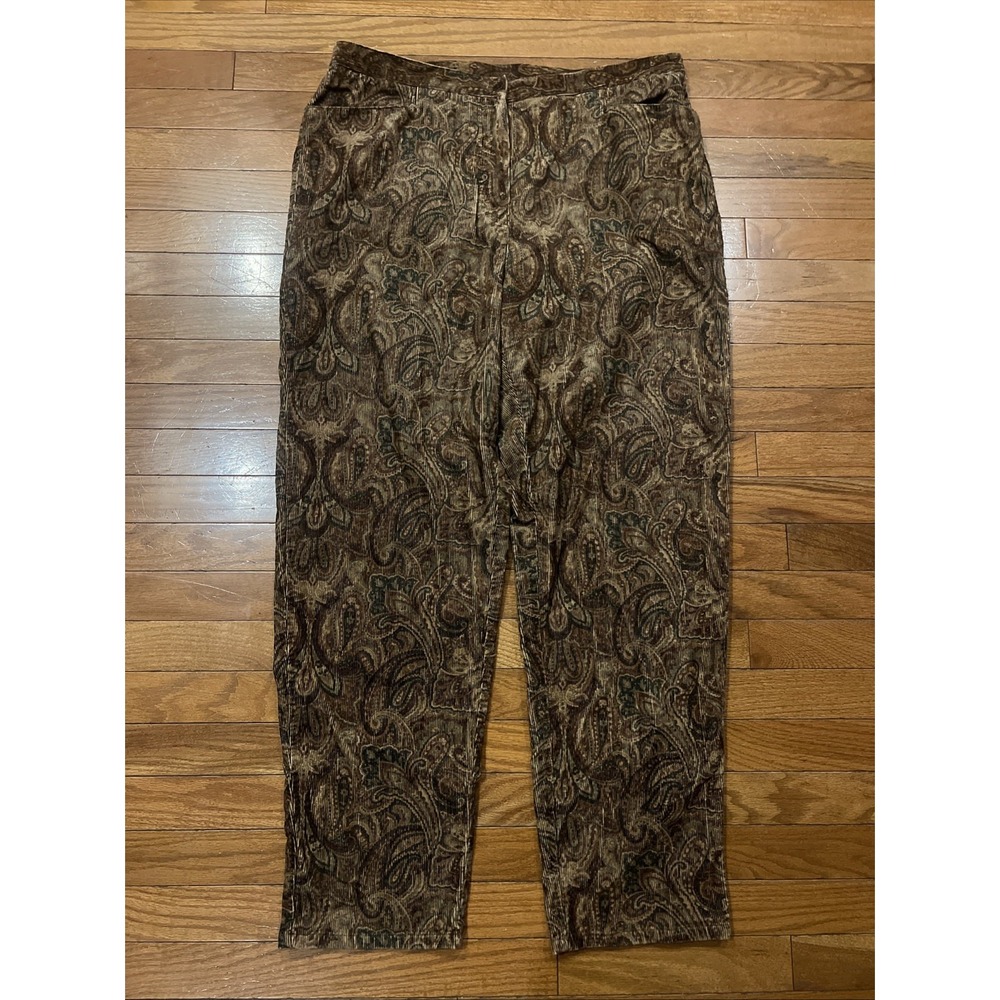 Lauren Ralph Lauren 16W Paisley Corduroy Pants Brown Stretch Straight Leg Plus